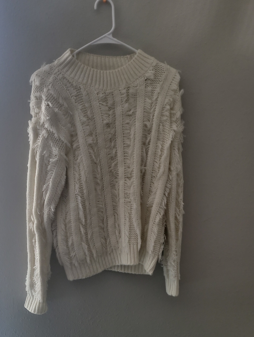 Fringe Cable Knit Crewneck Sweater in Cream